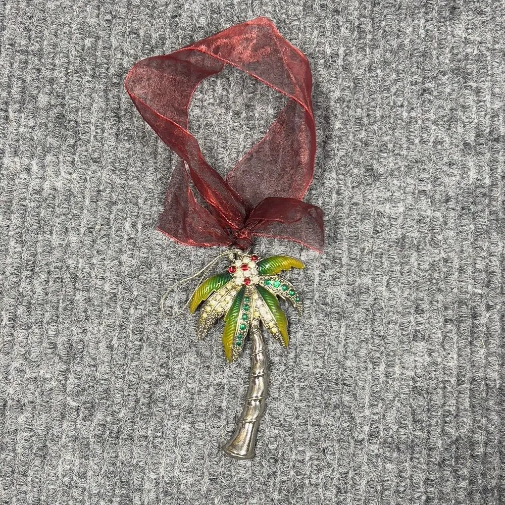 VTG Christmas Tree Ornament Cloisonne Silver Palm Tree Coconut Accents 4